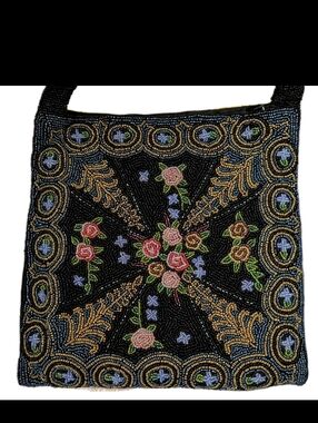 Christiana Beaded Purse Black Jute Shoulder Bag Floral Design Beautiful Piece